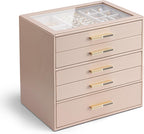 VLANDO 5-Drawer Jewelry Box with Glass Lid, Faux Leather Organizer for Rings Earrings Necklaces and More, Gift-Ready Jewelry Case for Women Girls or Moms, Latte