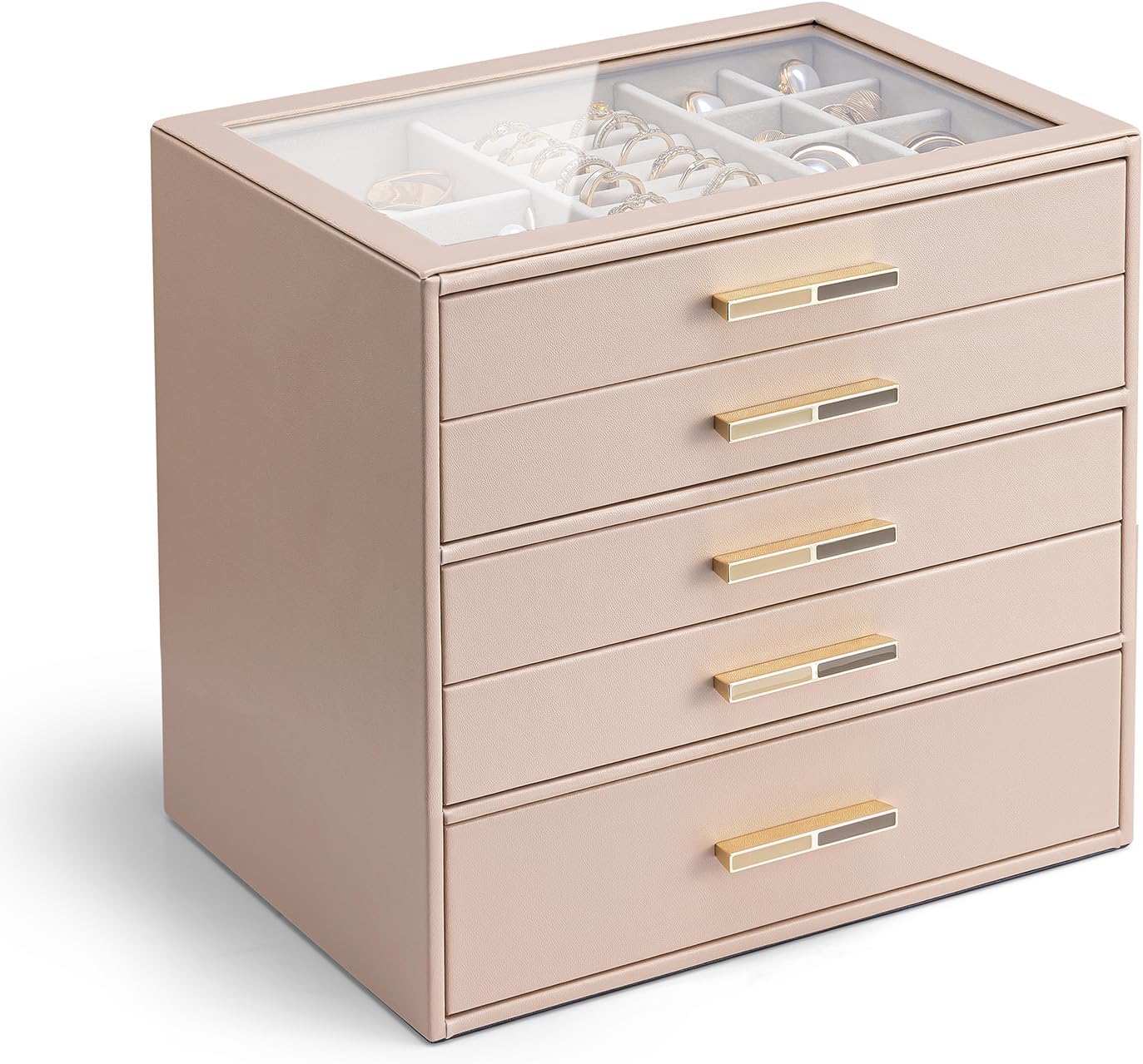 VLANDO 5-Drawer Jewelry Box with Glass Lid, Faux Leather Organizer for Rings Earrings Necklaces and More, Gift-Ready Jewelry Case for Women Girls or Moms, Latte