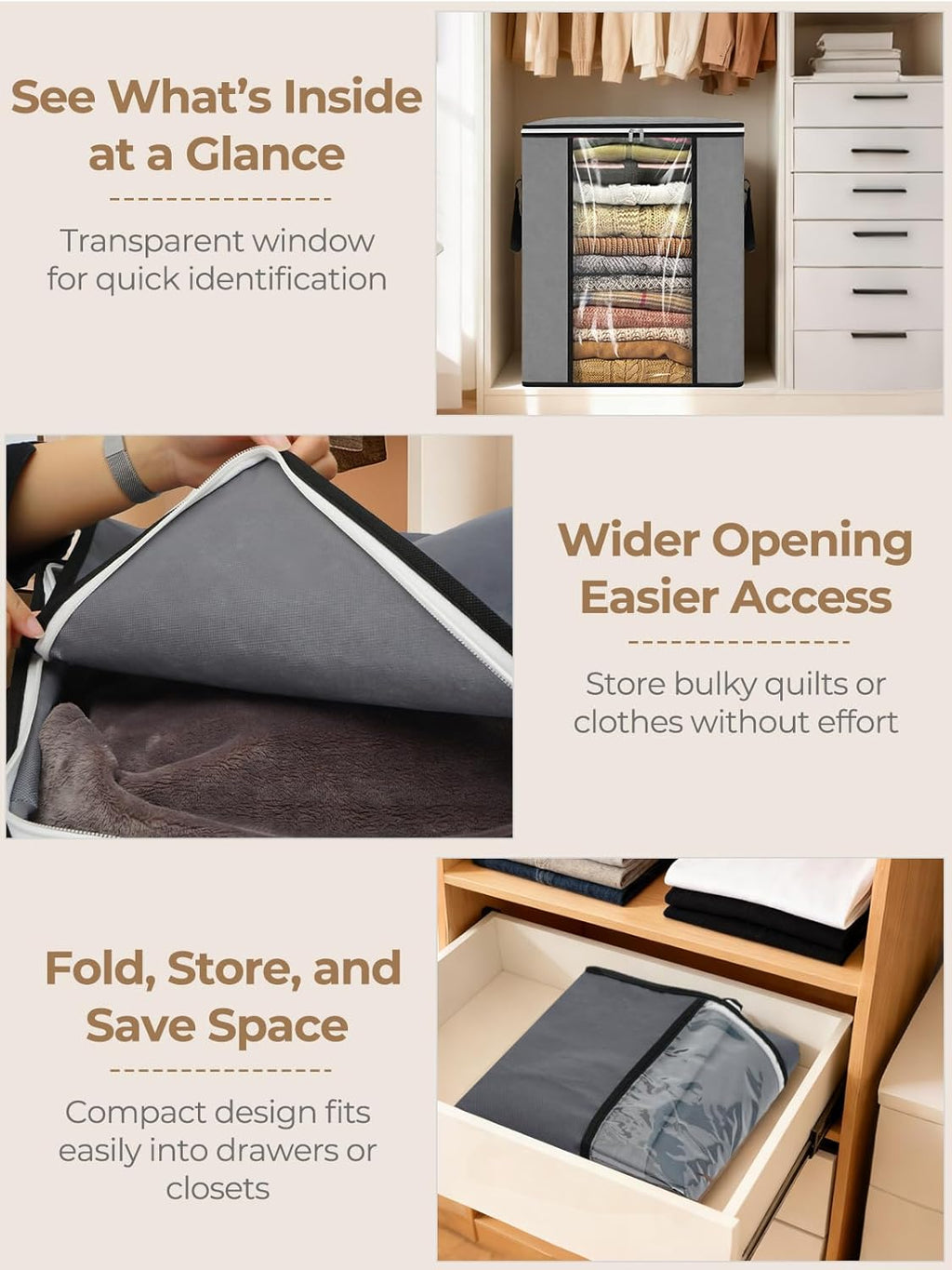 120L Extra Large Blanket & Clothes Storage Bags for Bedding & Comforters & Pillow–Foldable Thick Waterproof Fabric with Clear Window,Dual Zippers & Sturdy Handles,3 Pack Seasonal Organization