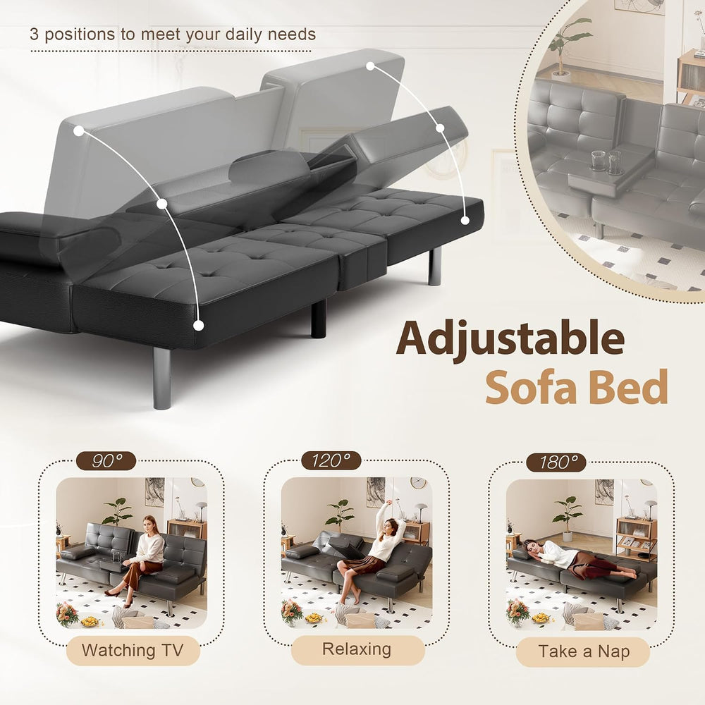 Shahoo Leather Convertible Futon Sofa Bed, Folding Sleeper Loveseat Couch | U...