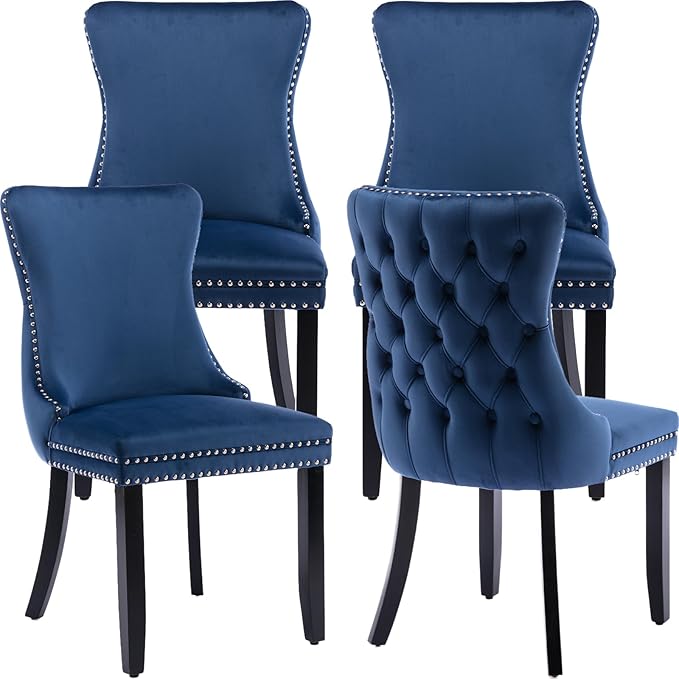Modern Dining Chairs Set of 4, Upholstered Dining Chair with Full Back and Button Tufting, Blue Velvet Accent Chair, Sillas de Comedor, 4 Dining Chairs (Blue, Velvet, 4Pcs)