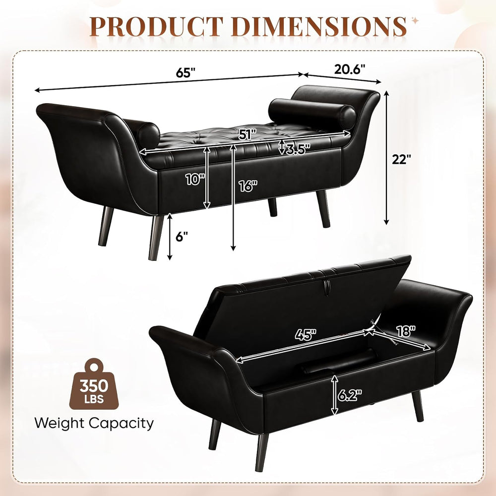 Faux Leather Storage Bench for Bedroom End of Bed, 65-Inch Rolled Arm Upholst...
