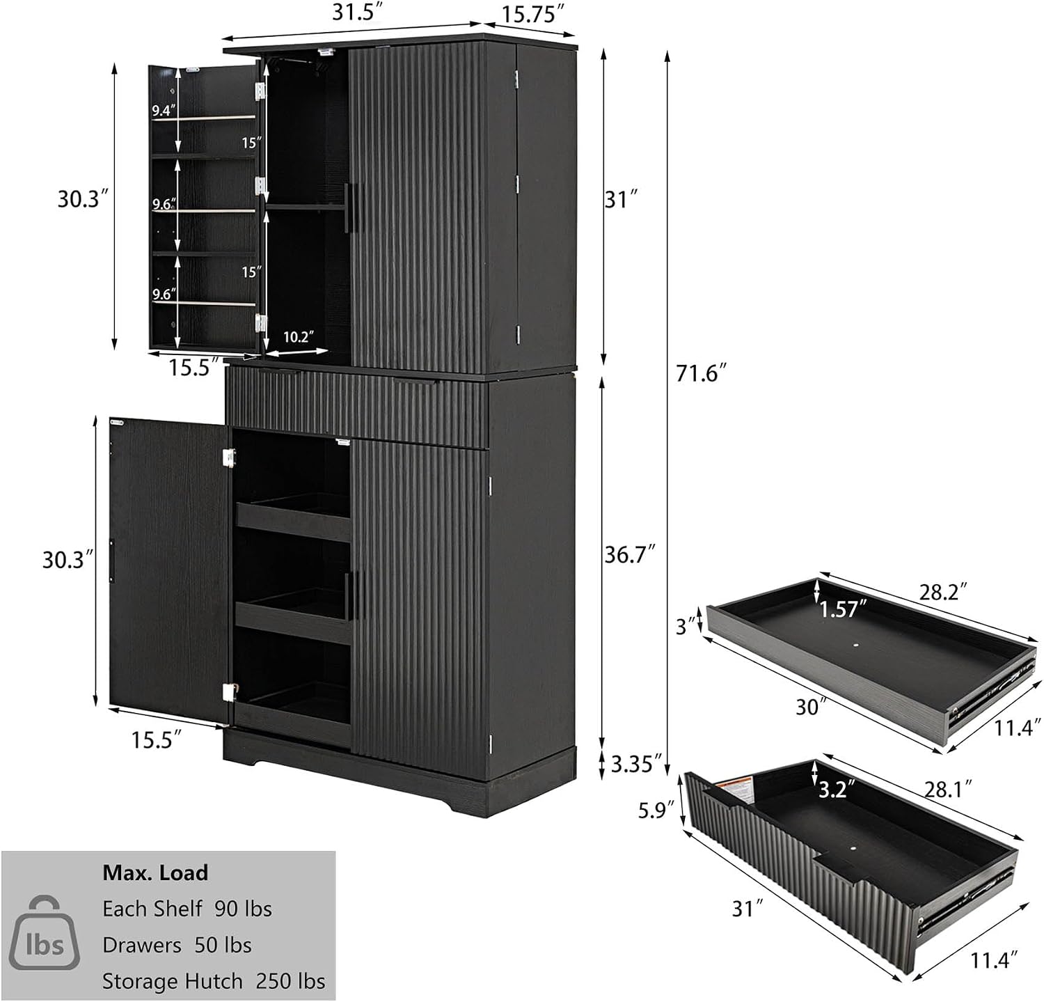 72" Tall Kitchen Pantry Cabinet with 3 Drawers & 6 Adjustable Shelves - Freestanding Storage Cupboard for Bathroom, Dining Room, Office or Entryway, Organizer Cabinet, (Black)