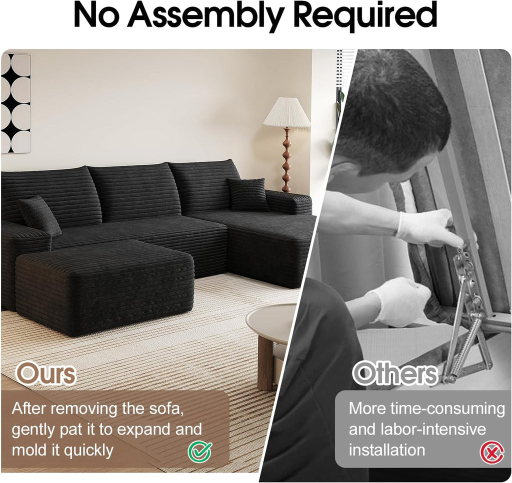 107.5" Comfy U-Shaped Sectional Modern Boneless Corduroy Couch with Chaise ‌and Ottoman‌ - No Assembly Required! Deep-Seat, Upholstered Modular Cloud Sofa for Living Room, Plush Corduroy Fabric(Black)