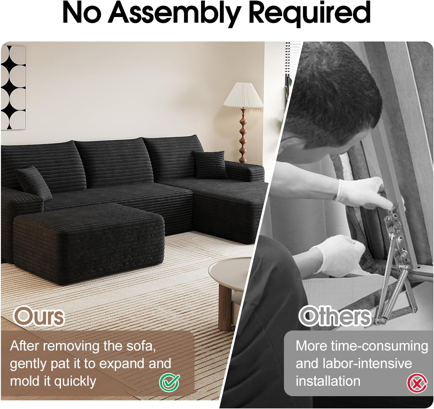 107.5" Comfy U-Shaped Sectional Modern Boneless Corduroy Couch with Chaise ‌and Ottoman‌ - No Assembly Required! Deep-Seat, Upholstered Modular Cloud Sofa for Living Room, Plush Corduroy Fabric(Black)
