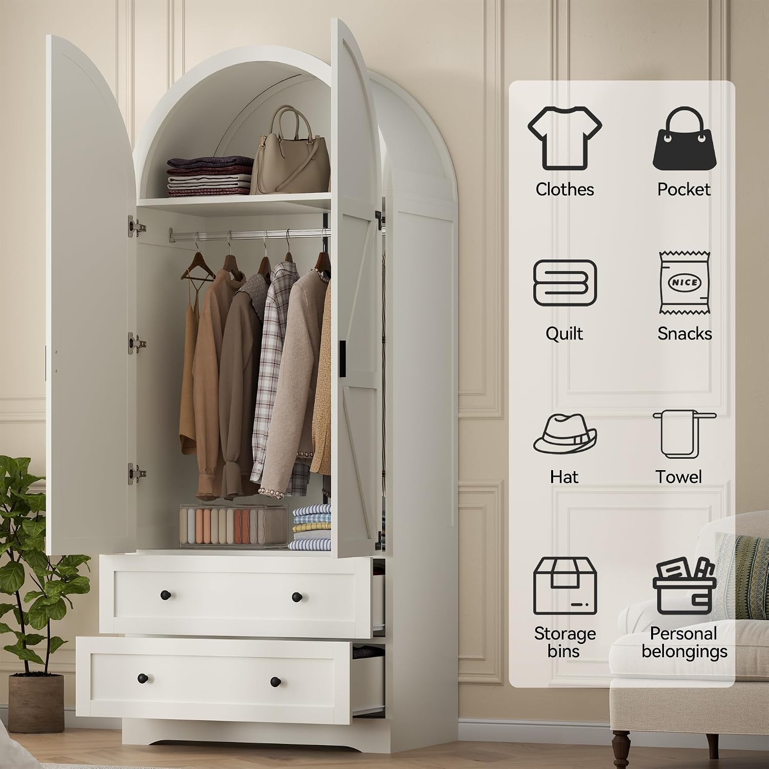 Gyfimoie White Armoire Wardrobe Closet with 2 Drawers, 74.8" Wooden Wardrobe with 2 Doors, Freestanding Closet Armoire Cabinet with Hanging Rack, Clothing Storage Cabinet for Bedroom (White)