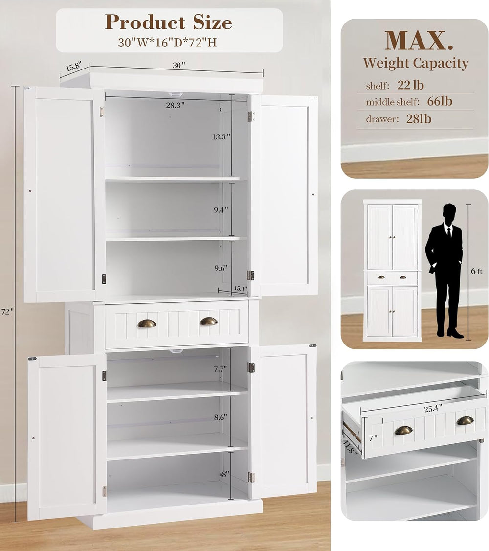 KIGOTY 72" Tall Kitchen Pantry Cabinet with Drawer and 4 Adjustable Shel...