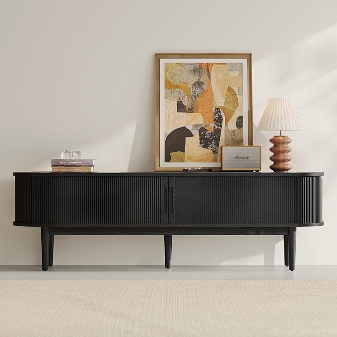 LINSY HOME Fluted TV Stand for 75" TV, Mid-Century Modern Wood Entertainment Center with Sliding Tambour Door and Storage Cabinet, Boho TV Media Console Table for Living Room, Bedroom, Black