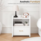 Night Stand with Charger Station, Fluted Wood Nightstand with Drawer Storage, Modern Bedside Table, Wide Nightstands for Bedroom, Mid Century Wooden Night Stands for Home Office Sofa Couch