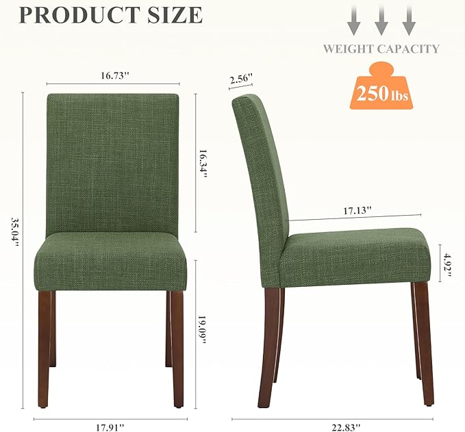 Upholstered Parsons Dining Chairs Set of 2, Modern Dining Room Chairs with Back, Fabric Kitchen Side Chairs with Wood Legs for Dinner Farmhouse Restaurant, Green