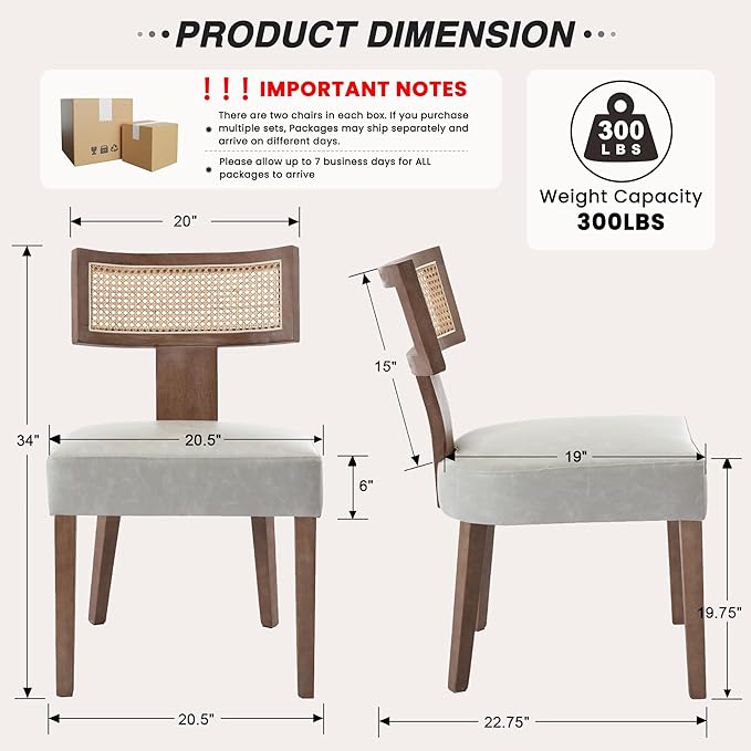 HNY Mid Century Modern Rattan Dining Chairs Set of 4, Farmhouse PU Leather Upholstered Accent Chair Curved Backrest Kitchen Chairs, with Hardwood Frame, Grey