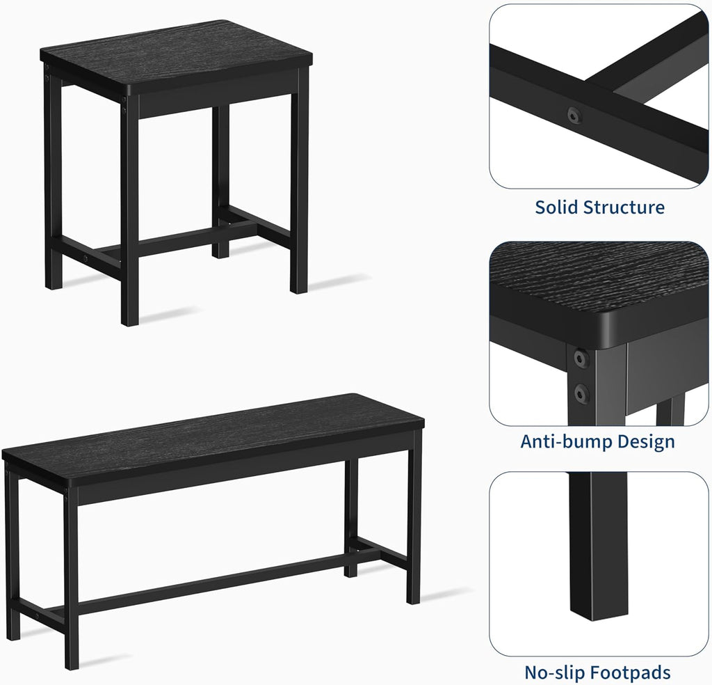 GarveeHome 5 PCs Dining Table Set for 6-8 People, 63 in Extendable Kitchen Table Set with 2 Benches and 2 Square Stools, Modern Dining Room Furniture Sets, Easy Assembly, Black