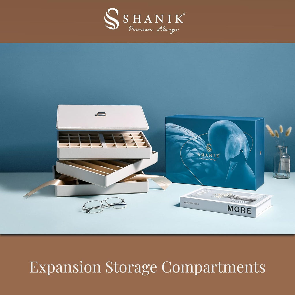 Shanik Stackable Jewelry Tray Organizers, 3 Pc. Set, Cute Designer Storage with Soft Velvet Surfaces to Protect Rings, Necklaces, Bands, and Earrings, Custom Display, Large Capacity, Grey