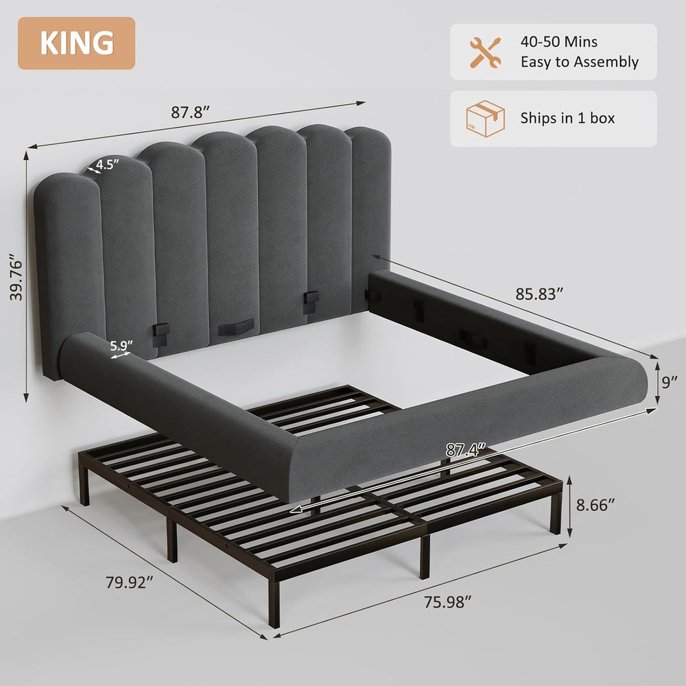 King Size Cloud Bed Frame with Headboard, Upholstered Platform Bed with Velve...