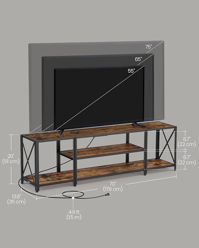 VASAGLE TV Stand with Power Outlets and LED Lights, for TVs up to 75 Inches, Entertainment Center with Open Storage Shelves, Console Table for Living Room, Rustic Brown and Ink Black ULTV122K01