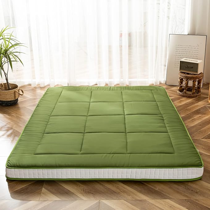 MAXYOYO Futon Mattress, Padded Japanese Floor Mattress Quilted Bed Mattress Topper, Extra Thick Folding Sleeping Pad Breathable Floor Lounger Guest Bed for Camping Couch, Green, Full