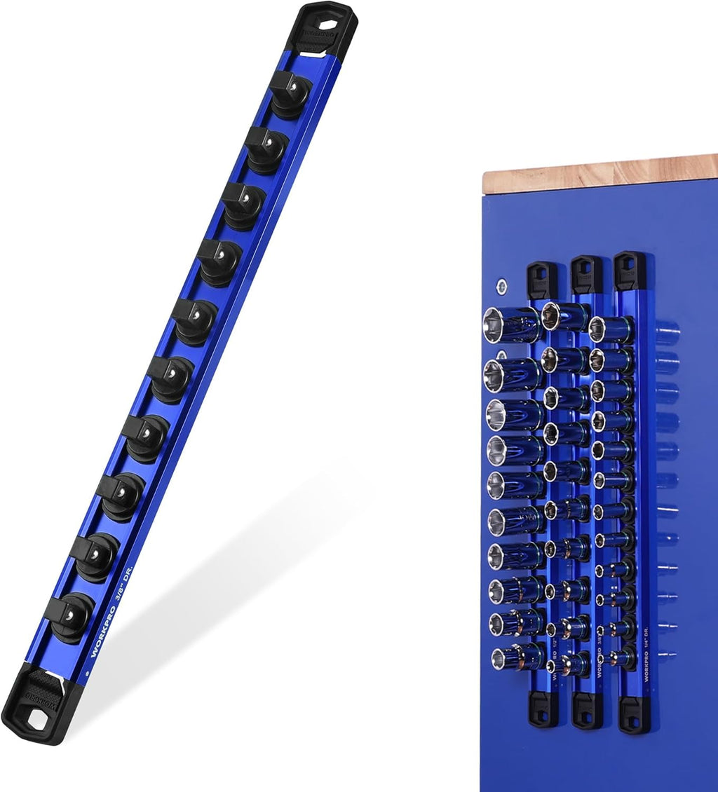 WORKPRO Magnetic Socket Organizer, 3/8" Drive Aluminum Alloy Socket Holder, Heavy Duty Socket Rail with 10 PC Removable Socket Clips, Socket Organizer Tray for Tool Box Drawer (Sockets Not Included)