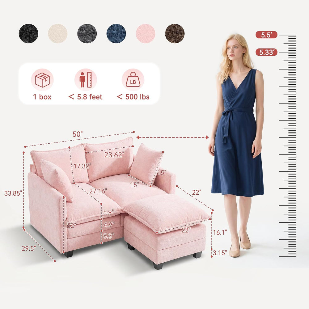 L-Shape Loveseat Sofa Couch with Ottoman, Small 50" Love Seat 27" D...