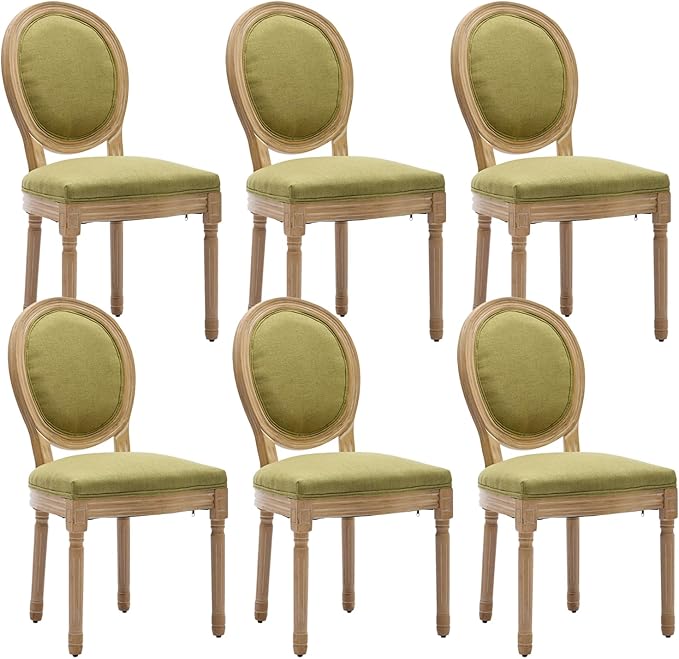 French Country Dining Chairs Set of 6,Farmhouse Upholstered Dining Room Chairs with Round Back and Solid Leg,Fabric Kitchen Side Chairs for Kitchen/Bedroom/Dining Room,Green