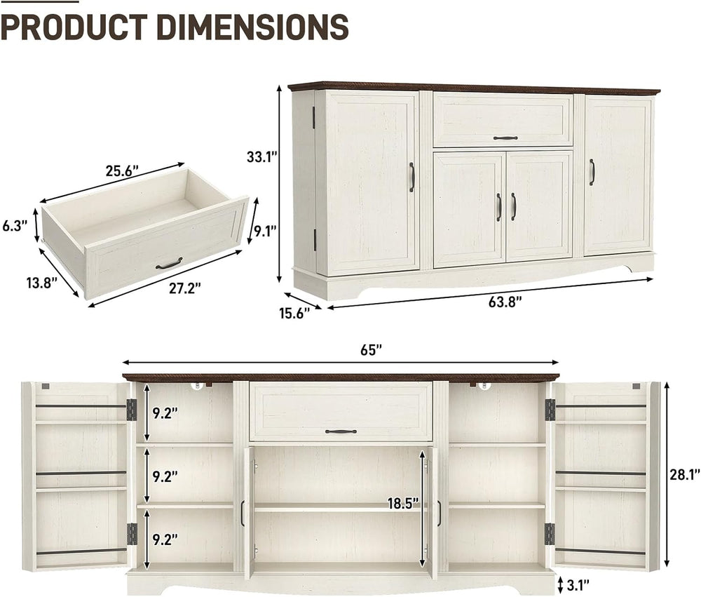 65" Sideboard Buffet Cabinet with Storage, Farmhouse Kitchen Pantries Si...