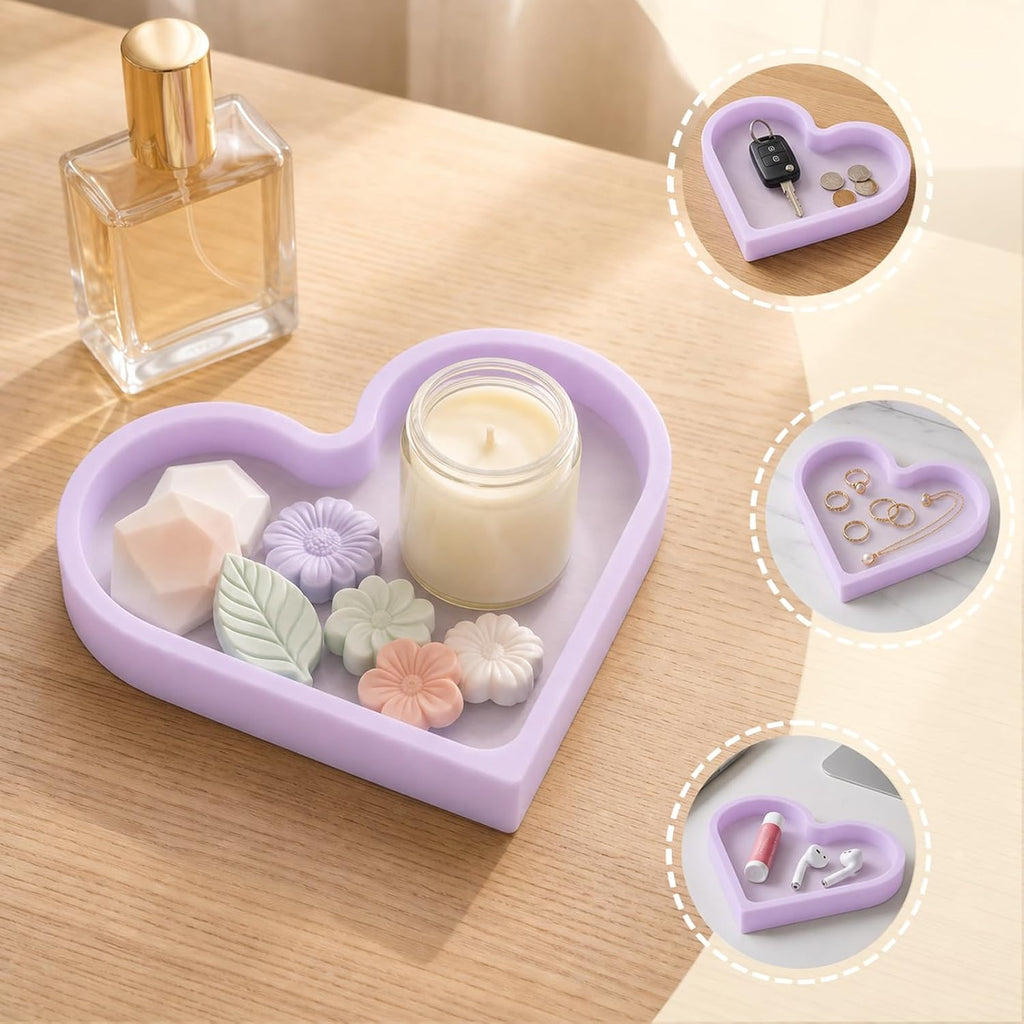 Cute Heart Silicone Jewelry Dish, Soft Ring Holder Tray, Small Trinket Bowl for Keys Earrings Necklace, Aesthetic Home Decoration Gift for Women Girls Mom Best Friend, Purple