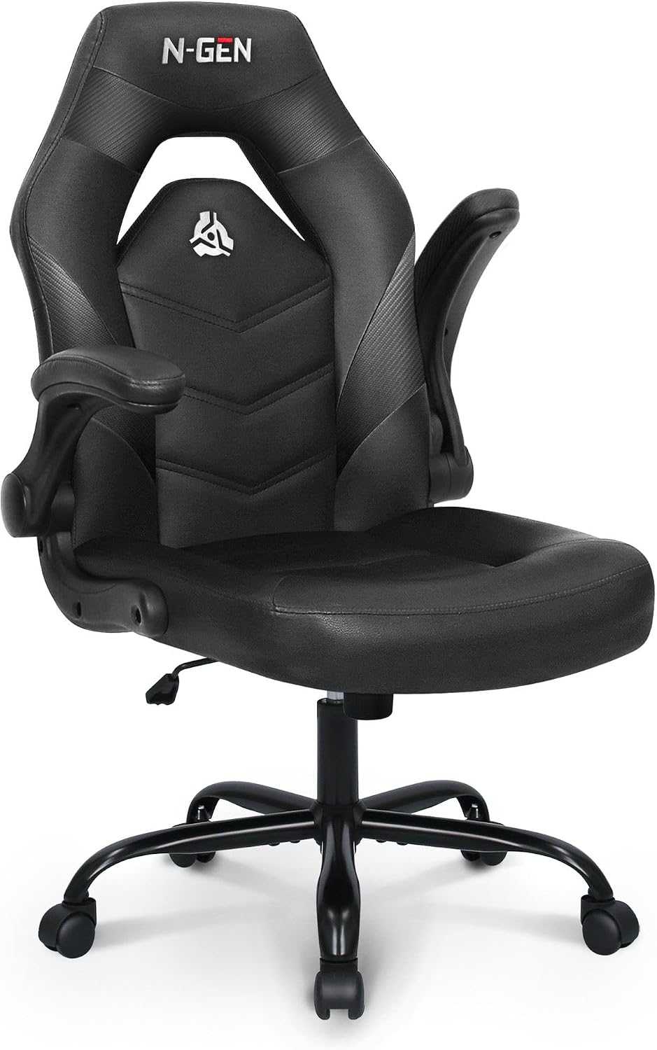 N-GEN Gaming Gaming Chair, Lumbar, PU Leather, Flip-Up Arms, Jet Black | Ergo...