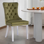 Velvet Upholstered Dining Chairs Set of 2, Modern Kitchen Side Chairs with Nailhead Trim and Silver Plated Leg, Metal Pulling Ring for Dining Room Living Room(Olive Green-Silver Plated Leg)