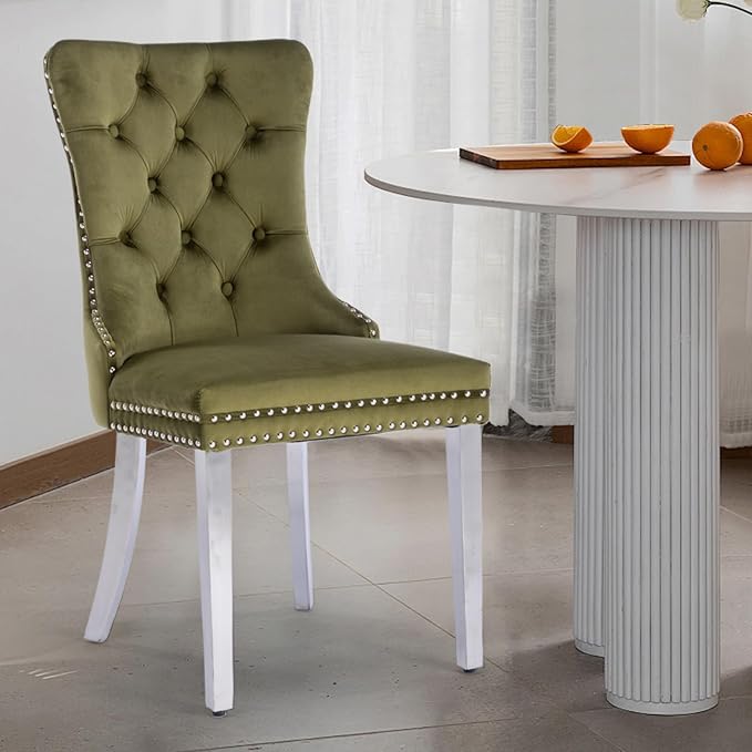 Velvet Upholstered Dining Chairs Set of 2, Modern Kitchen Side Chairs with Nailhead Trim and Silver Plated Leg, Metal Pulling Ring for Dining Room Living Room(Olive Green-Silver Plated Leg)