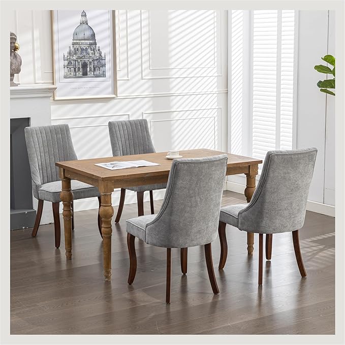 Grey Dining Chairs Set of 6，Linen Channel Tufted Kitchen Dining Room Chair with Curved Solid Wood Legs, Comfortable Fabric Upholstered Dining Chair for Dining Room, (Grey, 6pc)