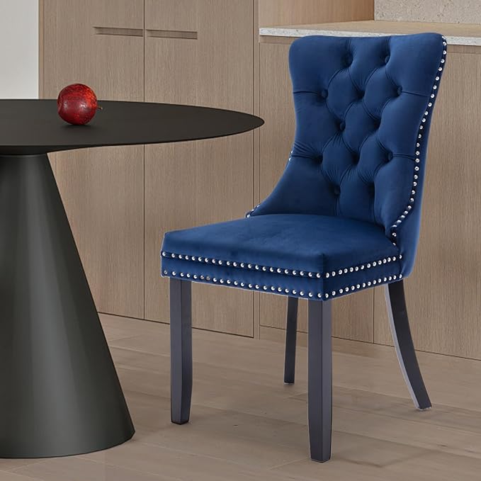 Velvet Upholstered Dining Chairs Set of 6, Modern Style Kitchen Side Chairs with Nailhead Trim and Wood Legs,Metal Pulling Ring for Dining Room Living Room(Blue,Set of 6)