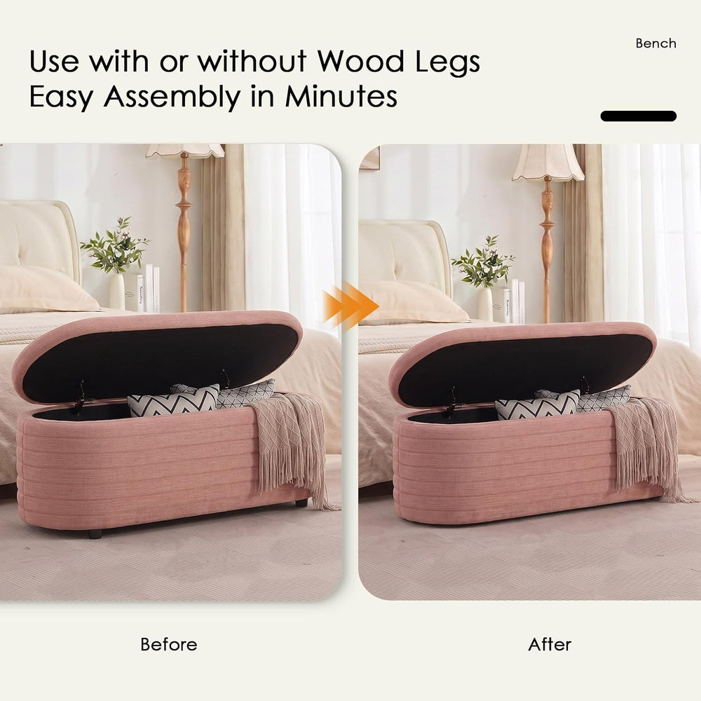 45.5" Modern Storage Ottoman Bench, Pink | Boucle Bench, Linen Fabric, S...