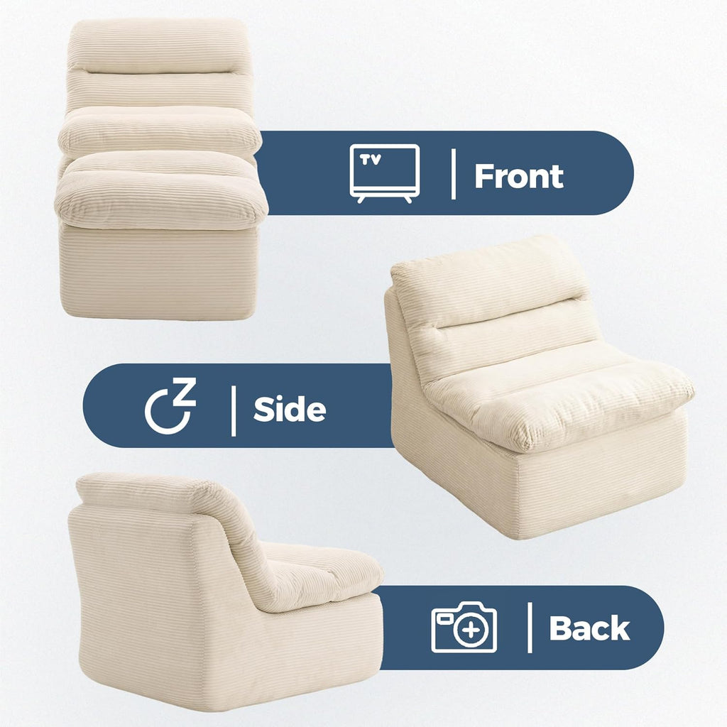 38" Bean Bag Chair with Ottoman, Big Corduroy Chaise Lounge Chairs for Adults, Tufted Upholstered Lazy Sofa for Living Room, Bedroom, Balcony, Beige