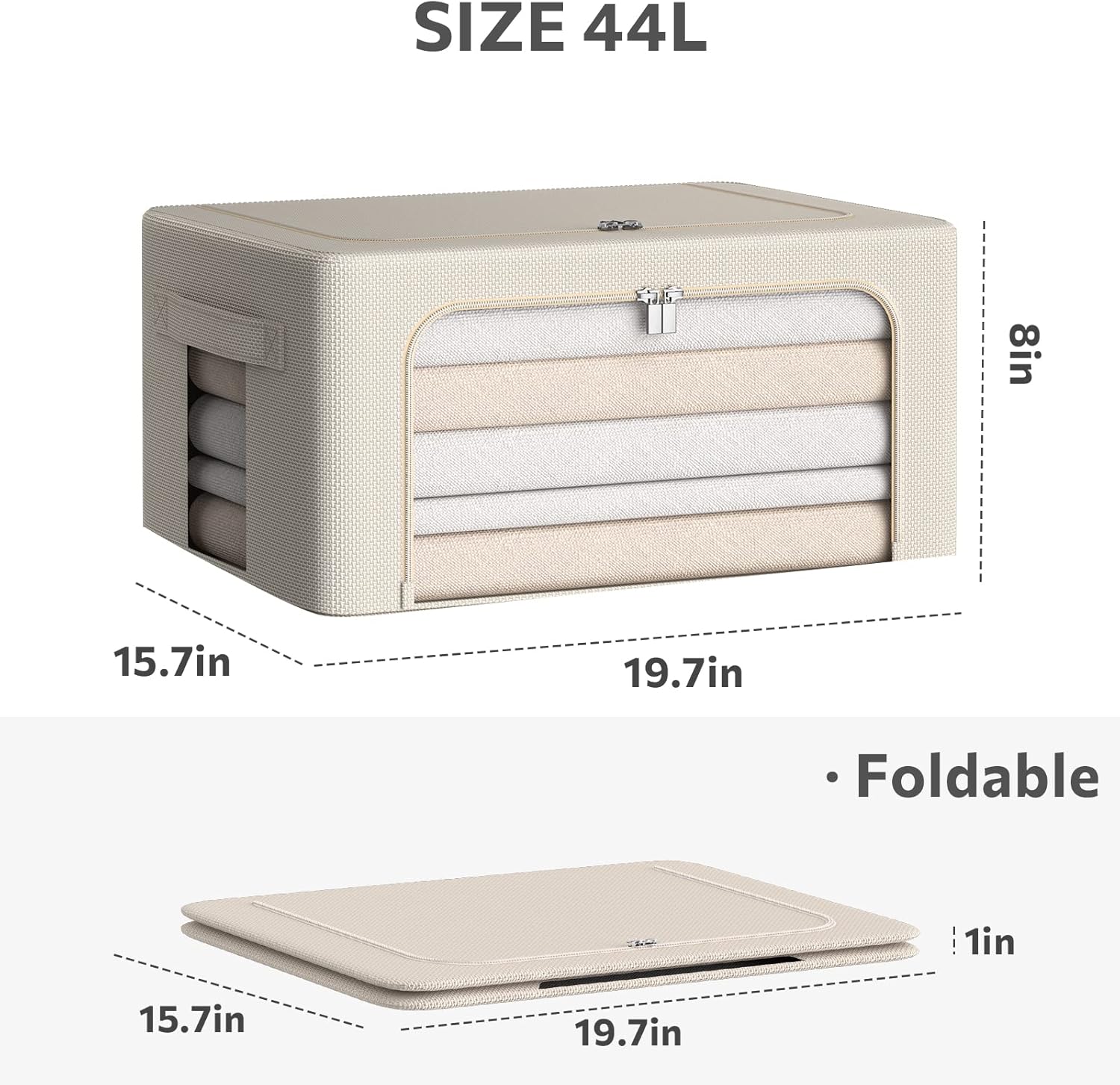 CYhom 3Pack Frame Storage Box - Clothes Storage Bin Bags Oxford Fabric Foldable Stackable Container Organizer Set with Clear Window & Carry Handles (Beige, Medium-44L)