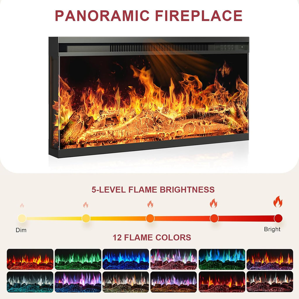 oneinmil 80" Fireplace TV Stand with 3-Sided Glass Fireplace, Modern Wood Entertainment Center with LED Lights and Glass Door, 36" Fire Place TV Stands for Living Room, Black