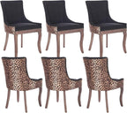 Modern Dining Chairs Set of 6, High Back Dining Chairs Side Chairs with Solid Wood Legs, Upholstered Fabric Dining Room Chairs for Dining Room Kitchen, Black and Leopard Print