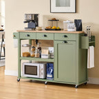 ONBRILL 56" Kitchen Island with Drop Leaf, Rolling Kitchen Cart with Trash Cabinet, Power Outlet, 2-Tier Open Shelves, 3 Drawers, Spice & Paper Towel Racks, 6 Wheels (4 Locking) for Dining Room, Green