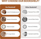 Solid Wood Rotating Bookshelf on Wheels, 5 Tier, Round Revolving Bookcase, 360° Spinning Book Shelf Tower for Kids, Narrow Rolling Bookshelves for Small Space, Corner, Bedroom, Office, Walnut