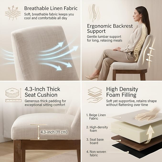 HNY Modern Dining Chairs Set of 4 with Comfortable Back Support, Farmhouse Soft Linen Upholstered Kitchen Dining Room Chairs with Solid Wood Legs, Armless Accent Side Chairs for Living Room, Beige