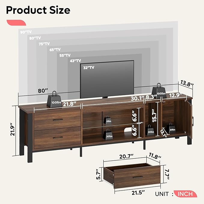 Bestier TV Stand for 75/80/85 inch TV, LED Gaming Entertainment Center, Modern TV Cabinet with Glass Shelves for Living Room, Media Console with 2 Storage Drawers & Cabinets for Bedroom, Walnut