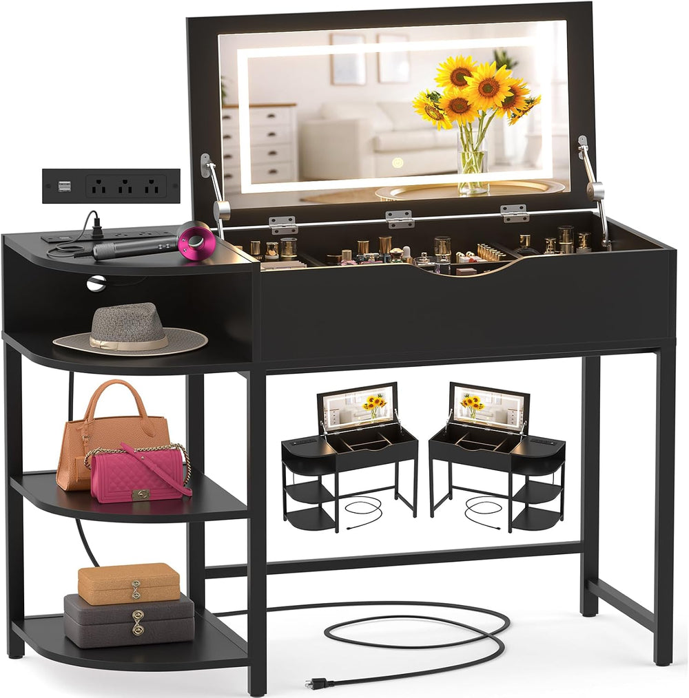 Cyclysio Vanity Desk with Flip Top Mirror and Lights, Black | Makeup Vanity D...