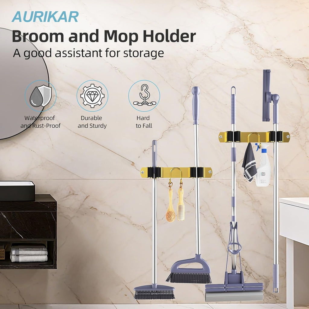 Broom Holder Wall Mount, 2-Pack Stainless Steel Mop and Broom Organizer, Broom Hanger with 2 Slots 2 Hooks for Home Kitchen, Garage, Garden and Laundry Room, Gold