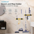 Broom Holder Wall Mount, 2-Pack Stainless Steel Mop and Broom Organizer, Broom Hanger with 2 Slots 2 Hooks for Home Kitchen, Garage, Garden and Laundry Room, Gold