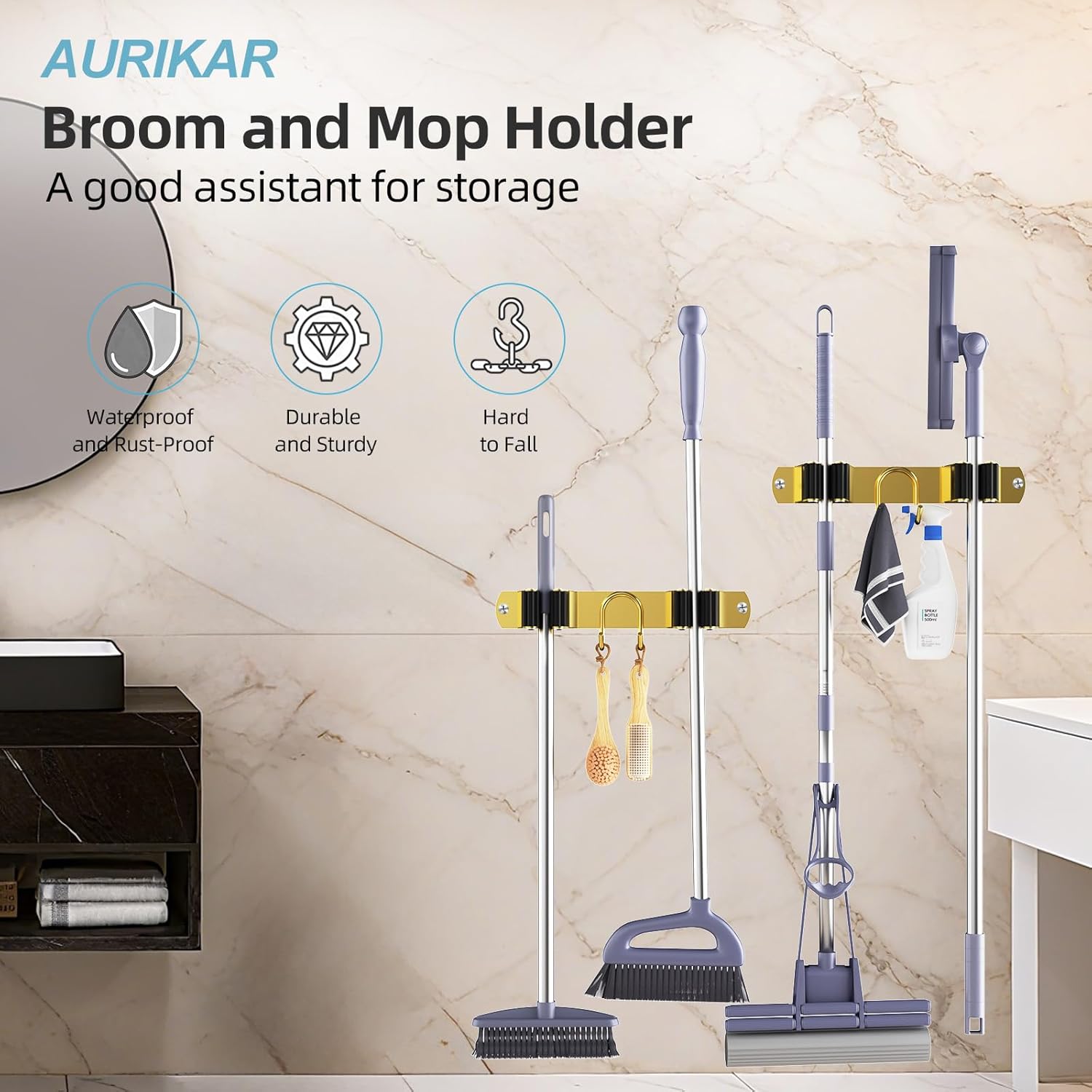 Broom Holder Wall Mount, 2-Pack Stainless Steel Mop and Broom Organizer, Broom Hanger with 2 Slots 2 Hooks for Home Kitchen, Garage, Garden and Laundry Room, Gold
