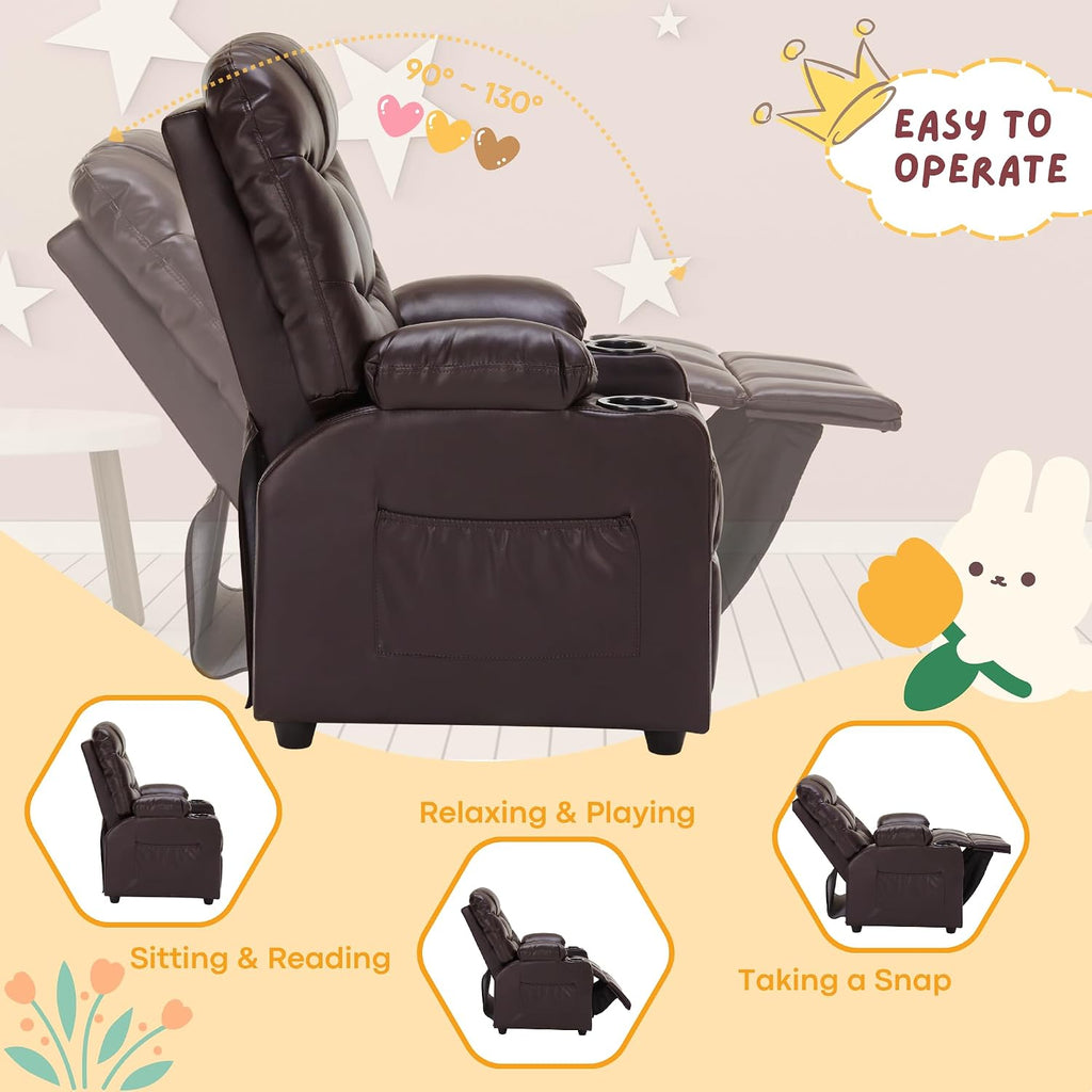 Donut Larger Kids Reclining Chair PU Leather Recliner Sofa Push Back Lounge Children Toddler Boys Girls Ages 3-12 with Dual Cup Holders and 4 Pockets