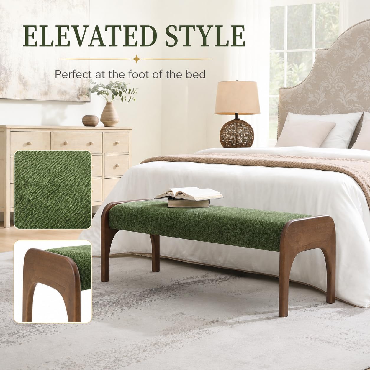 50.25“ Upholstered Bench, Modern Dining Bench with Soft Chenille Fabric, 6" Padded Seat and Rubber Wood Legs, End of Bed Bench for Bedroom, Entryway, Hallway, Living Room (C-Green)