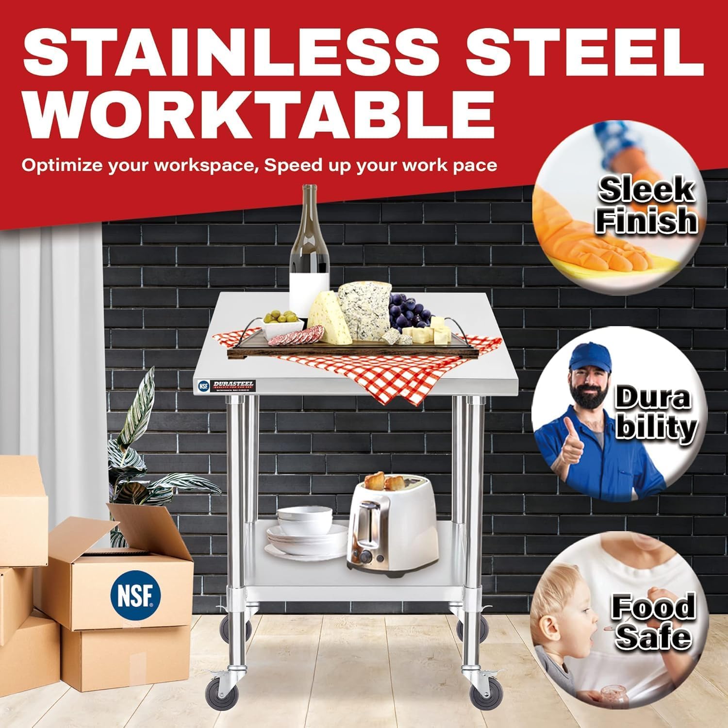 DuraSteel 30x30 NSF Stainless Steel Cart Work Table - Heavy Duty Rolling Food Prep Table Countertop Island - Metal Utility Cart on Wheels Caster, Grill Stand Storage Outdoor Kitchen Tables Bar Top