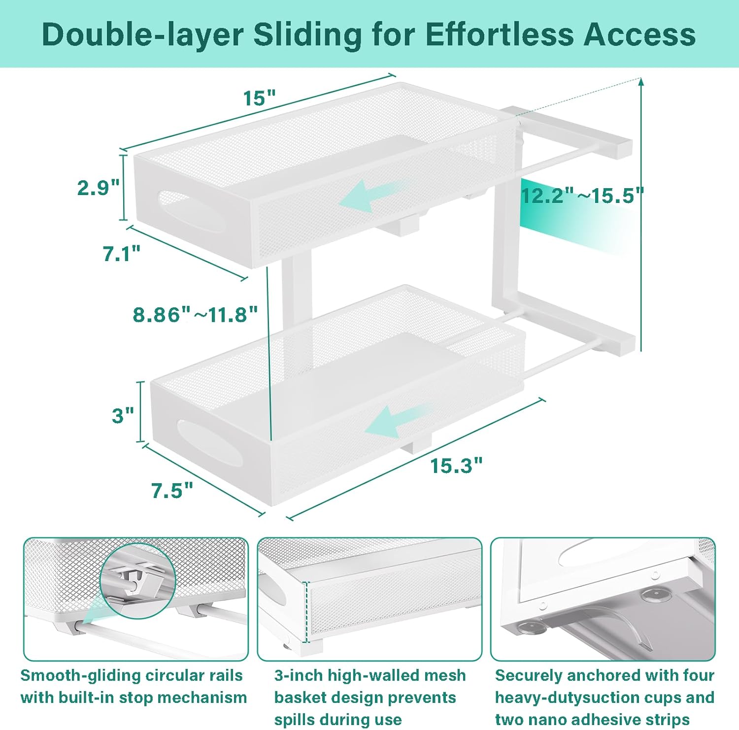 Under Sink Organizer, 2 Pack 2 Tier Metal Slide Out Pull Out Cabinet Organizer Shelf, Height Adjustable Organization and Storage Series, Bathroom/Desktop/Cabinet/Kitchen organization, White