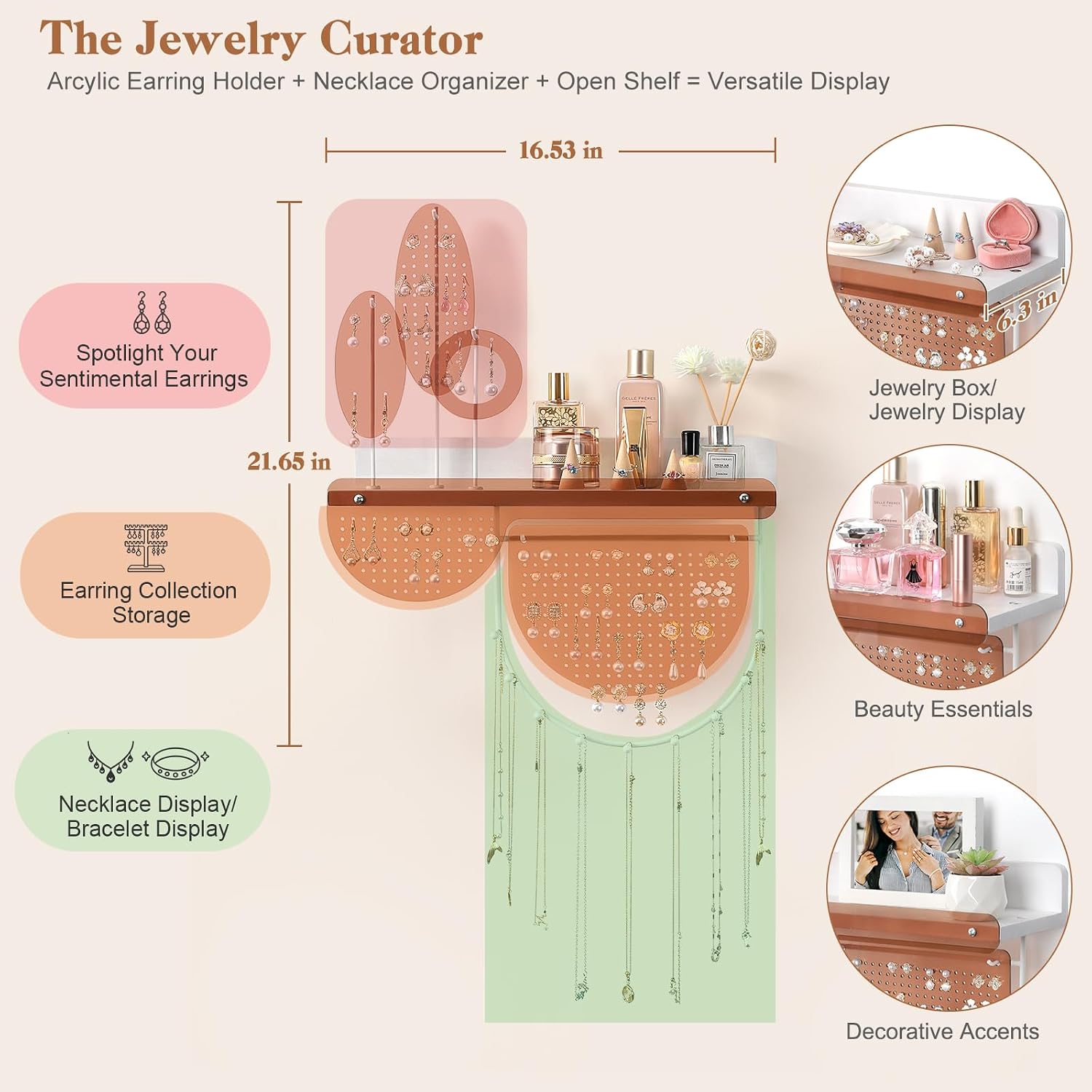 Keebofly Wall Mounted Hanging Jewelry Organizer - Acrylic Earring Organizer with Shelf for 444 Earrings, Sturdy Jewelry Tower for Earring, Stud, Necklace, Bracelet, Ideal Gifts for Women & Girls