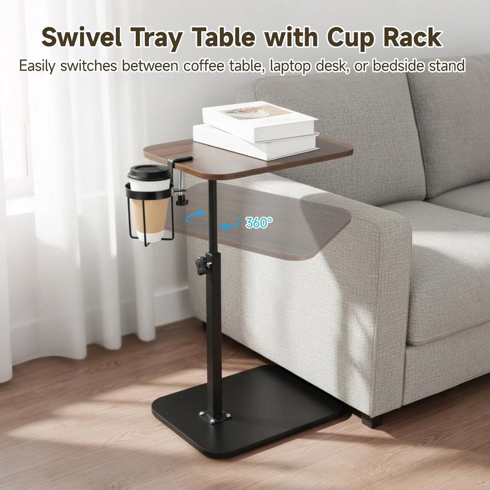Rotating C Shaped Side Table with Cup Holder, Adjustable Height Sofa Side Tab...