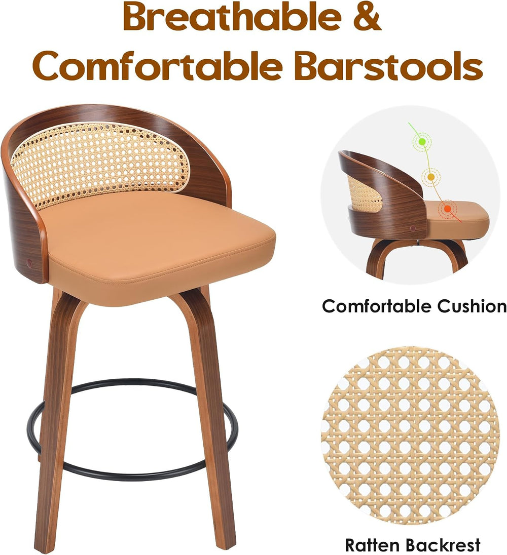 Yellow Bar Stools Set of 2 32.3" H 360° Swivel Rattan Back
